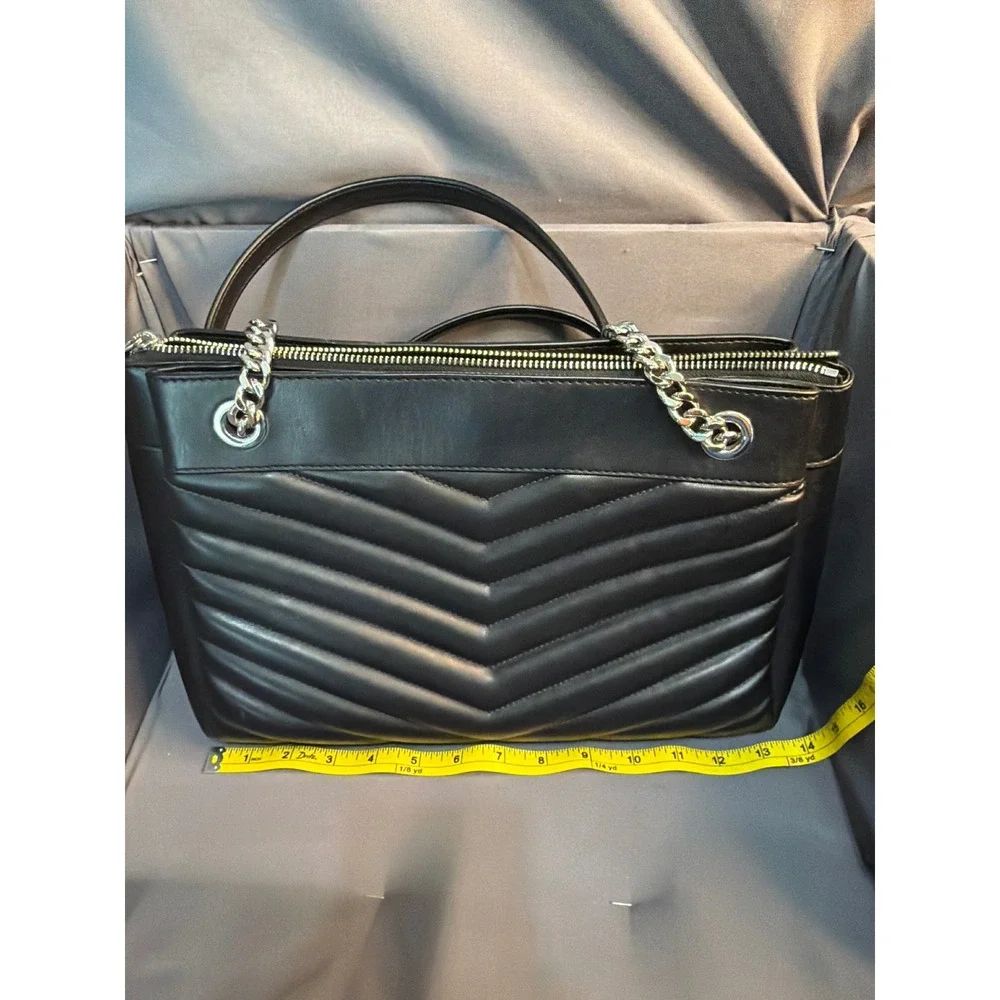 Michael Kors Black Quilted Leather Rose Shoulder Bag Silver Tone Hardware Tote